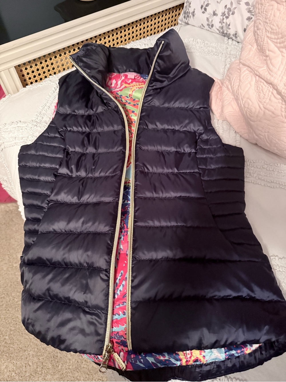 Lilly Pulitzer Navy Quilted Puffer Vest with Colorful Lining